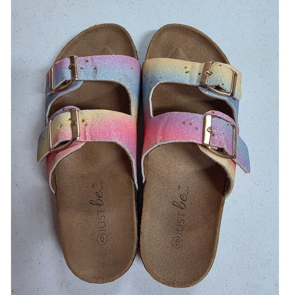 Just Be Rainbow Glitter Star Slides Sandals Size 6 Cork Footbed Buckle